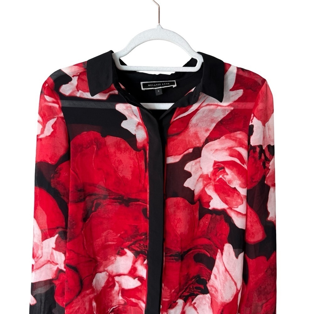 Melanie Lyne Floral Red and Black Women's Sheer Blouse Size 2 Oversized Tunic - Picture 6 of 9